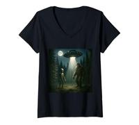 Womens Bigfoot Alien UFO Encounter Forest Night Mystery Cryptid V-Neck T-Shirt