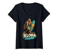 Women's Bigfoot Aloha Hawaiian Surfing Sasquatch Funny Beach Surfer V-Neck T-Shirt