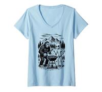 Womens Bigfoot and Alien BBQ UFO Grilling Picnic V-Neck T-Shirt