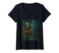 Womens Bigfoot And Alien Fisher Funny Bigfoot Alien UFO Fishing V-Neck T-Shirt
