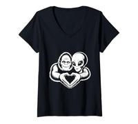 Womens Bigfoot and Alien Friendship Paranormal Love Sasquatch UFO V-Neck T-Shirt