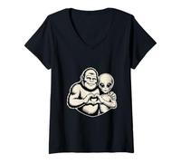 Womens Bigfoot and Alien Friendship Paranormal Love Sasquatch UFO V-Neck T-Shirt