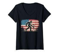 Womens Bigfoot and Alien Holding Hands American Flag Background V-Neck T-Shirt