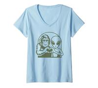 Womens Bigfoot and Alien Making Heart Hands Funny Cryptid UFO Lover V-Neck T-Shirt