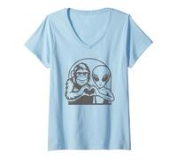 Womens Bigfoot and Alien Making Heart Hands Funny Cryptid UFO Lover V-Neck T-Shirt
