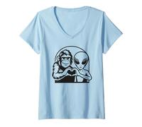 Womens Bigfoot and Alien Making Heart Hands Funny Cryptid UFO Lover V-Neck T-Shirt