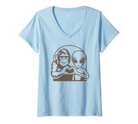 Womens Bigfoot and Alien Making Heart Hands Funny Cryptid UFO Lover V-Neck T-Shirt