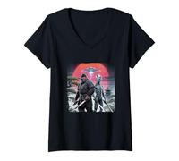 Womens Bigfoot and Ninja Alien Vintage Japanese Samurai Ukiyo-E Art V-Neck T-Shirt
