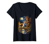 Women's Bigfoot Boop Corgi Starry Night Funny Sasquatch Full Moon V-Neck T-Shirt