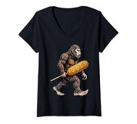 Women's Bigfoot Carrying Corn Dog Funny Sasquatch V-Neck T-Shirt