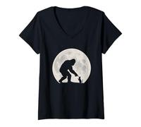 Women's Bigfoot & Cat, Full Moon V-Neck T-Shirt