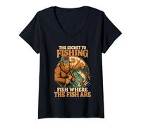 Womens Bigfoot Funny Fishing Gag Humor Sarcastic Fisherman Camping V-Neck T-Shirt