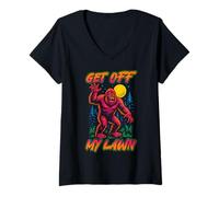 Womens Bigfoot Get Off My Lawn Sasquatch Sarcasm Joke Funny Bigfoot V-Neck T-Shirt