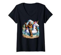 Women's Bigfoot Goes On Vacation Sasquatch Unicorn Float Pool Party V-Neck T-Shirt