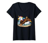 Women's Bigfoot Goes On Vacation Unicorn Float Pool Party Sasquatch V-Neck T-Shirt