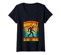 Women's Bigfoot is Out There Retro Sasquatch Forest V-Neck T-Shirt
