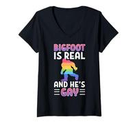 Womens Bigfoot is Real and Hes Gay Sasquatch Yeti V-Neck T-Shirt