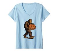 Womens Bigfoot Jack-O’-Lantern Pumpkin Halloween Sasquatch Spooky V-Neck T-Shirt