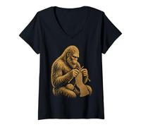 Women's Bigfoot Knitting Vintage Sasquatch Cozy Cryptid V-Neck T-Shirt
