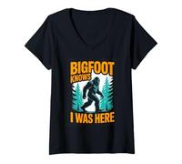 Women's Bigfoot Knows I was Here Funny Camping Hiking V-Neck T-Shirt