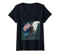 Womens Bigfoot Marching USA Proud Under a Full Moon V-Neck T-Shirt