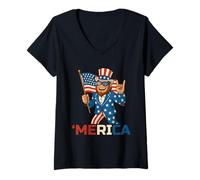 Womens Bigfoot Merica Rock Funny Patriotic Sasquatch 4th of July V-Neck T-Shirt
