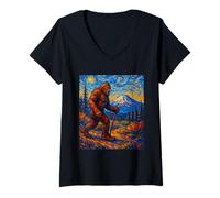 Womens Bigfoot Mount St Helens in Style of Van Gogh's Starry Night V-Neck T-Shirt
