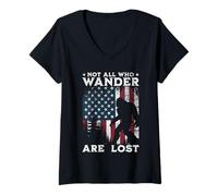 Womens Bigfoot Not All Who Wander Are Lost Sasquatch American Flag V-Neck T-Shirt
