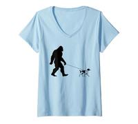 Womens Bigfoot pet Brittany Spaniel and Sasquatch Walking Funny V-Neck T-Shirt