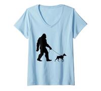 Womens Bigfoot pet Doberman Pinscher and Sasquatch Walking V-Neck T-Shirt