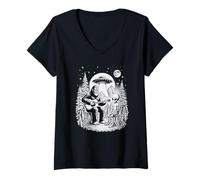 Womens Bigfoot playing guitar Sasquatch UFO Extraterrestrial alien V-Neck T-Shirt
