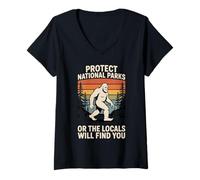Women's Bigfoot Protect National Parks Tee, Sasquatch Nature Lover V-Neck T-Shirt