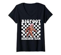 Womens Bigfoot Research Team Funny Sasquatch Girl Mom Coquette Bow V-Neck T-Shirt