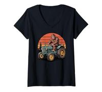 Womens Bigfoot Riding Tractor Retro Sunset V-Neck T-Shirt