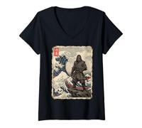 Women's Bigfoot Samurai Great Wave Off Kanagawa Hokusai Sasquatch V-Neck T-Shirt