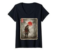 Women's Bigfoot Samurai Warrior Japanese Ukiyo-e Style Sasquatch V-Neck T-Shirt