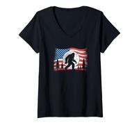 Womens Bigfoot Sasquatch Patriotic American Flag Nature V-Neck T-Shirt
