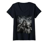 Women's Bigfoot Sasquatch Selfie Rock On UFO Funny V-Neck T-Shirt