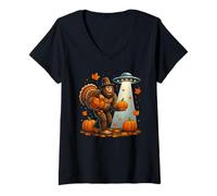 Womens Bigfoot Sasquatch Turkey UFOs Funny Thanksgiving Day Pumpkin V-Neck T-Shirt