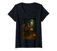 Womens Bigfoot Sasquatch Turkey UFOs Funny Thanksgiving Day Pumpkin V-Neck T-Shirt
