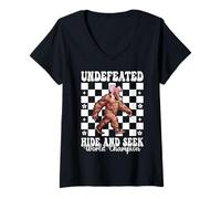 Womens Bigfoot Sasquatch Undefeated Hide and Seek World Champion V-Neck T-Shirt
