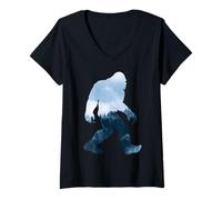 Women's Bigfoot Sasquatch Yeti Forest Double Exposure Figure V-Neck T-Shirt