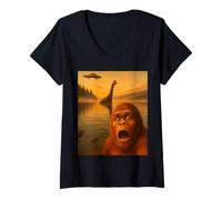 Womens Bigfoot Selfie with Loch Ness UFO Alien Gifts Men Women Kids V-Neck T-Shirt