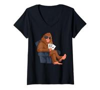 Women's Bigfoot Sitting in a Couch Playing Poker Gambling Sasquatch V-Neck T-Shirt