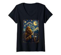 Women's Bigfoot Starry Night Coffee Van Gogh Sasquatch Art Lover V-Neck T-Shirt