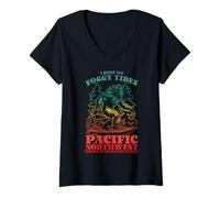 Womens Bigfoot Surfing I Ride On Foggy Tides Pacific Northwest V-Neck T-Shirt