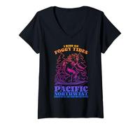 Womens Bigfoot Surfing I Ride On Foggy Tides Pacific Northwest V-Neck T-Shirt