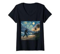 Womens Bigfoot Tropical Beach Walk Under Starry Twilight Skies V-Neck T-Shirt