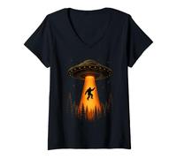 Women's Bigfoot UFO Abduction Sasquatch Cryptid Alien Flying Saucer V-Neck T-Shirt