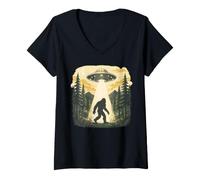 Women's Bigfoot UFO Funny Alien Sasquatch Forest Mystery Abduction V-Neck T-Shirt